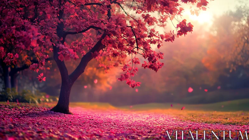 Digital painting of crimson maple tree in radiant sunset park.