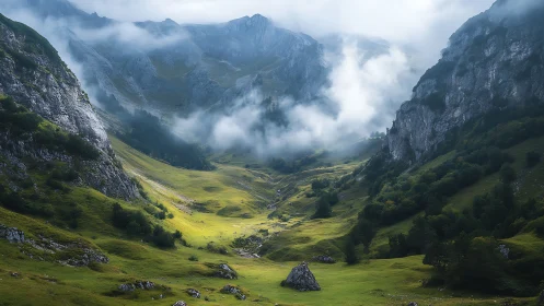 Mountain valley shows green meadows beneath drifting clouds