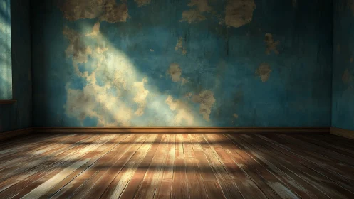 Sunlit patina room where worn blue walls quietly glow.