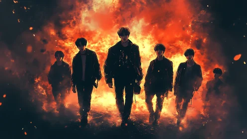 Six silhouetted figures advance through towering inferno with dynamic particle dispersion.