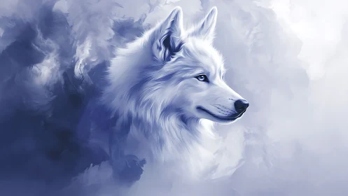Gentle ice-blue spirit wolf emerging from misty clouds.