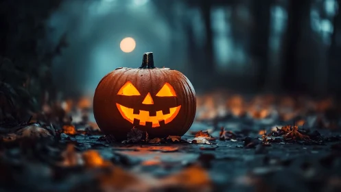 Jack-o’-lantern grins boldly through the misty forest hush