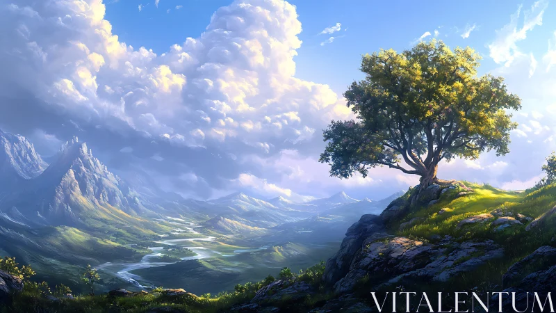 Lone sunlit tree above luminous river valley panorama.