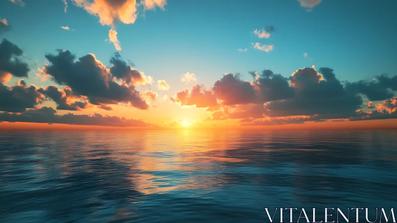 Sunset horizon over calm ocean with soft cloud cover.