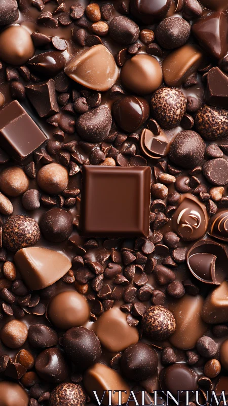 Assorted chocolate confections and cocoa fragments arranged in flat composition