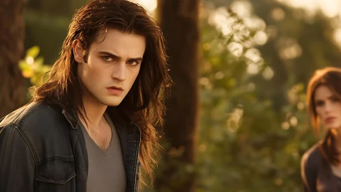 Young man with long hair in soft forest background view.