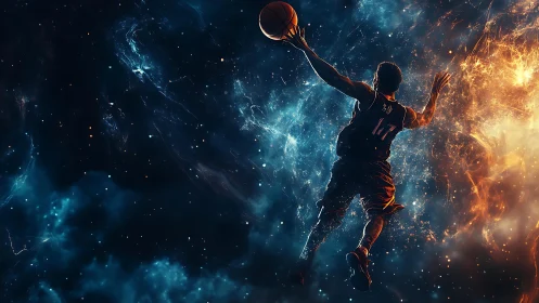 Basketball player silhouette in contrasting cosmic field.