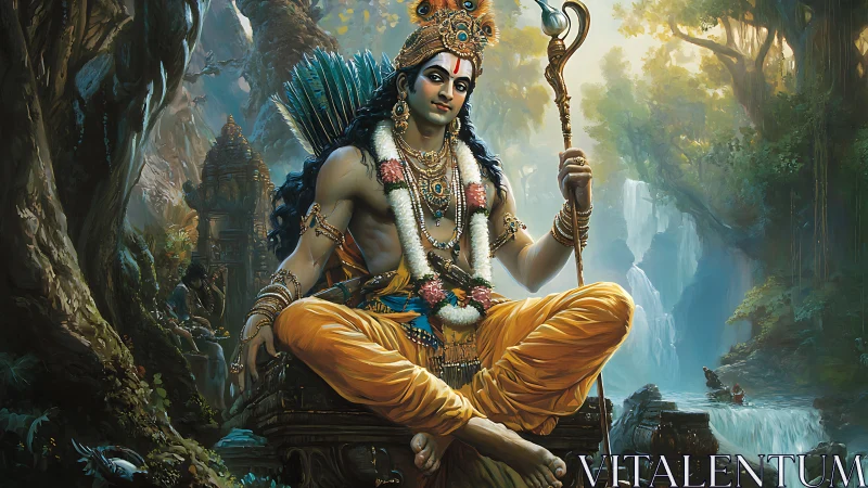 Divine warrior seated in lush forest before cascading waterfalls