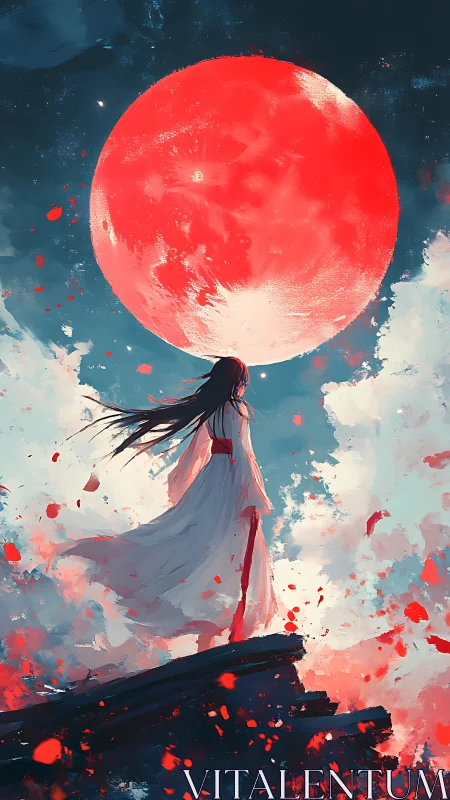 Scarlet moon goddess standing amid swirling crimson petals.