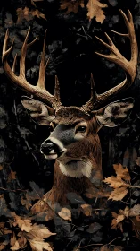 Whitetail buck portrait in autumn foliage, detailed artwork.