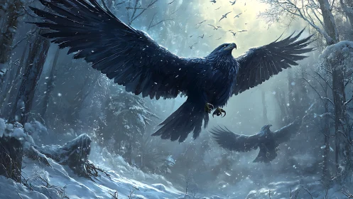 Majestic Black Eagles Soaring Over a Winter Forest, Digital Art.