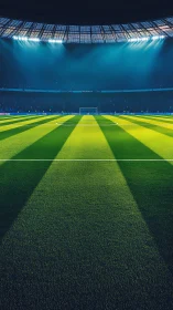 Floodlit football pitch with dramatic striped turf patterns.