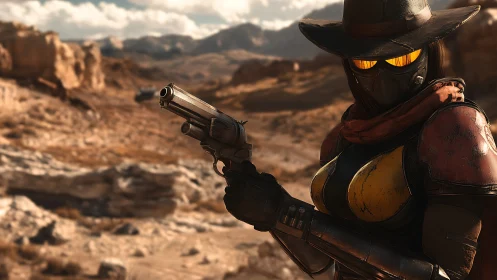 Masked desert gunslinger in amber visor and scarlet armor.