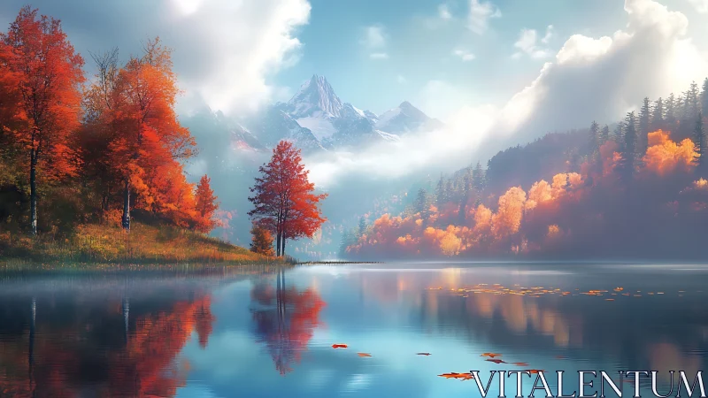 Autumn lake reflection under misty snowcapped mountains.