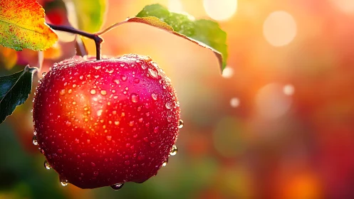 Macro dew-covered red apple against defocused warm bokeh field