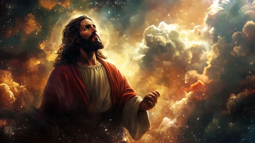 Messianic figure illuminated within radiant cosmic clouds.