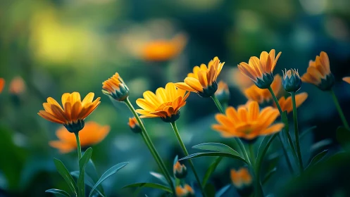 Orange Daisies in Shallow Focus Garden Setting