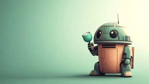 Cute teal service robot holding cup on mint backdrop.