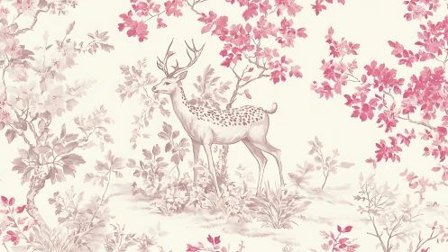 Elegant Deer in Pink Floral Forest, Vintage Illustration Style.