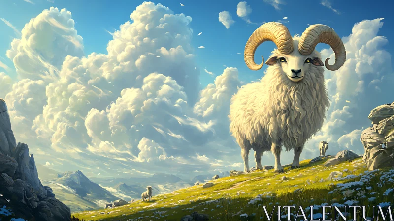 Cloud-crowned ram strides like a gentle giant across summer skies