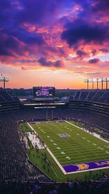Sunset sky ignites above a packed football stadium crowd.