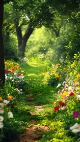 Garden Path Through Blooming Flowerbeds and Tree Canopy.