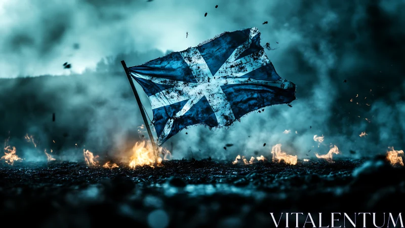 Tattered flag stands defiant amid apocalyptic inferno.