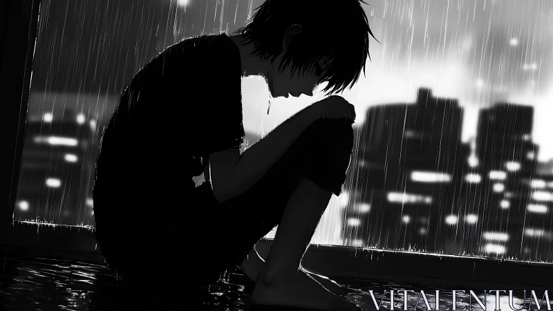 Silhouetted figure sits in rain before blurred city skyline