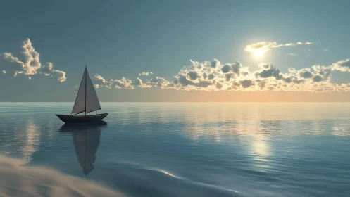 Solitary sailboat glides quietly beneath a painted sunrise sky