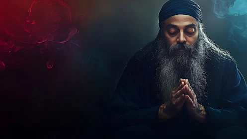 Meditative elder in low-key lighting with chromatic smoke plumes