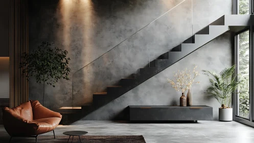 Minimalist concrete stair hall articulates light, shadow and form