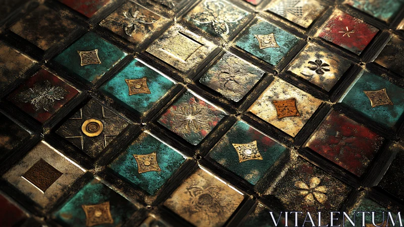 Textured metallic tile grid with embossed geometric motifs.