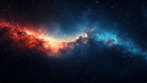 Stellar nebula band with red and blue gas across starfield.