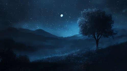 Moonlit lone tree dreaming over silvered mountain valleys.