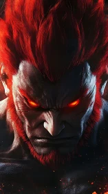 Fiery haired demonic humanoid portrait with glowing eyes.