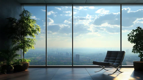 Photorealistic skyline lounge with modern glazing and botanicals.