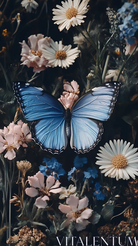 Blue butterfly resting in a dreamy dusk-tinted garden.