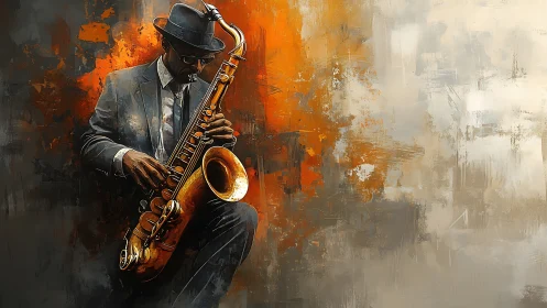 Jazz saxophonist in suit plays amid fiery abstract backdrop.