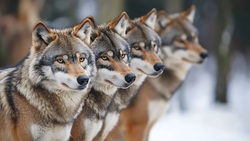 Four gray wolves aligned in snowy forest landscape.
