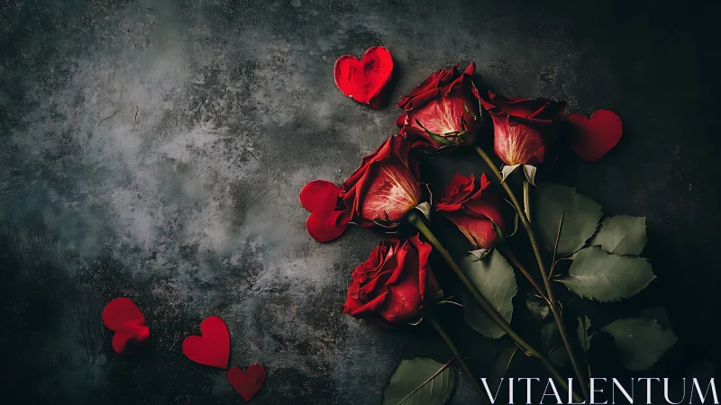Red roses on textured stone surface with scattered petal hearts.