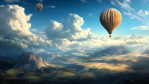 Hot air balloons drift above sunlit fantasy mountainscape.