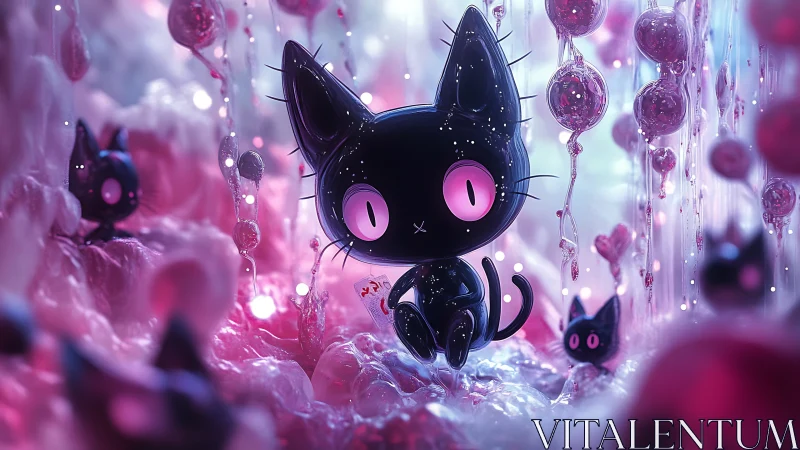 Black Cat with Glowing Eyes in Luminous Purple Crystal Environment
