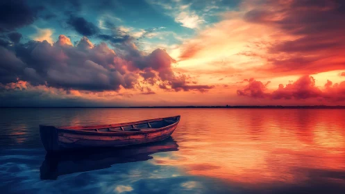 Wooden boat drifts under fiery cinematic sunset sky.