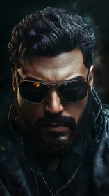 Cinematic close-up of bearded man in leather jacket and shades