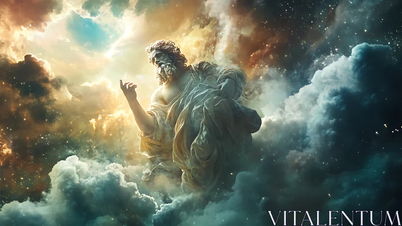 Mythic sky deity emerging from luminous storm clouds