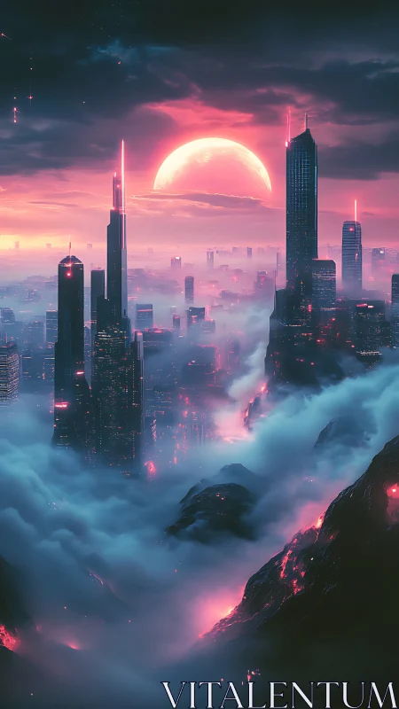 Neon shrouded megacity skyline under crimson lunar rise.