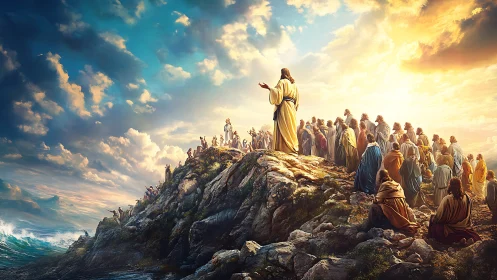 Sermon on rocky shore under radiant stormlit sky.