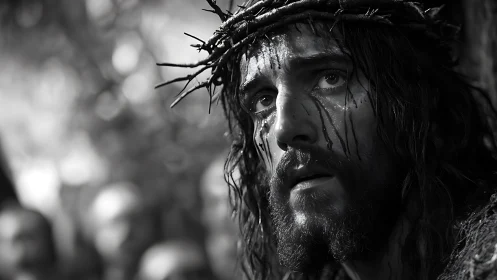 Glimmer of resolve in a crown of thorns and shadows.