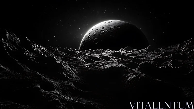 Quiet lunar horizon under a glowing crescent world.