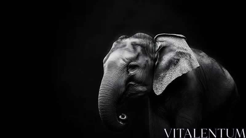Photorealistic monochrome elephant portrait on deep black field.